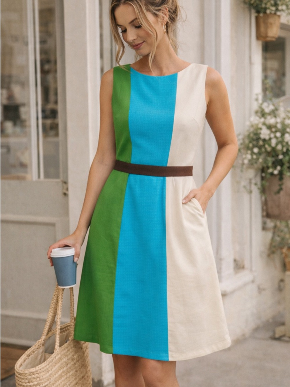 Anthropologie Tabitha Colorblock Dress Size 4 Belted Cotton Preppy